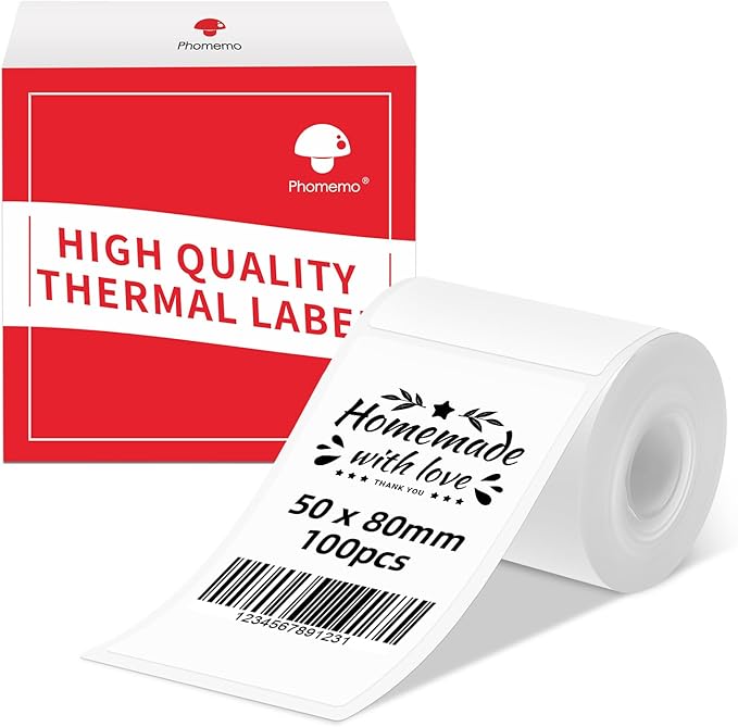 Phomemo Labels for M110 M120 M221 M200 M220 M150 M250 M260 M108 M100 Label Printer, Thermal Paper for Small Business, Barcode, Address, Clothing, Black on White 1.97"x3.15"(50x80mm) 100Label/Roll