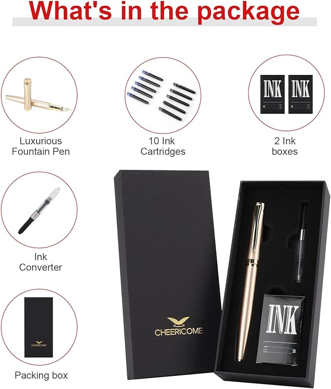 Cheericome Fountain Pen Set - Luxury Writing Instrument for Men & Women - Fine Nib With 10 Ink Cartridges and Refill Converter - Gold