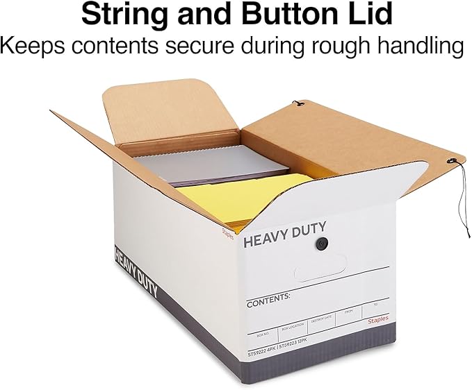 STAPLES Storage & Filing Box, Heavy-Duty with Handles & String-Button Lid, Letter Size Documents, Stackable, 4-Pack, White/Gray