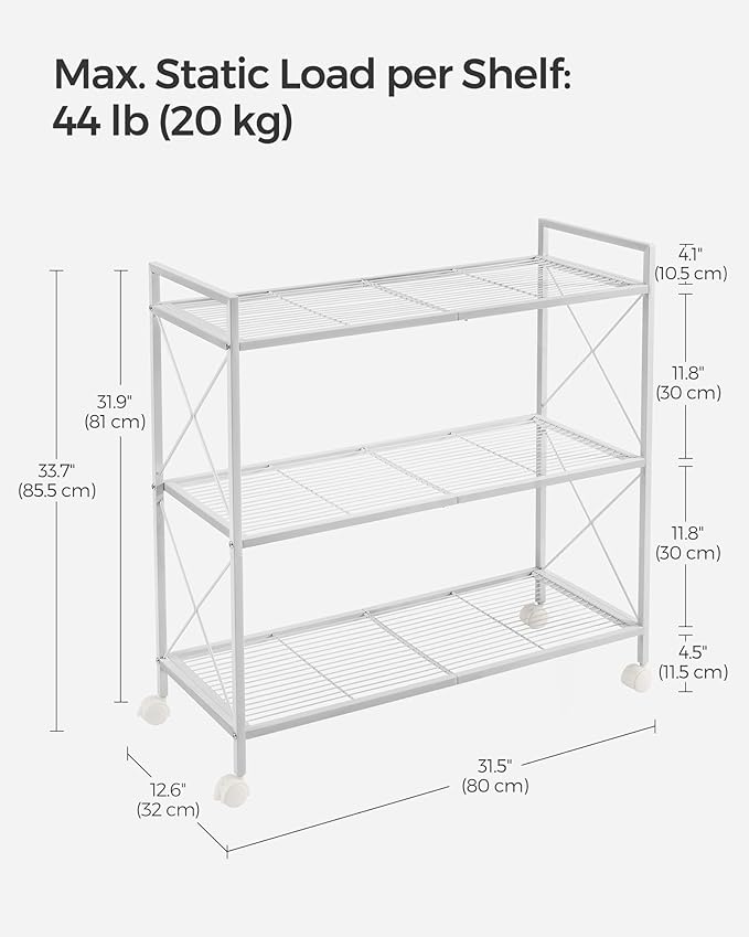 SONGMICS 3-Tier Metal Storage Rack with Wheels, Mesh Shelving Unit with X Side Frames, 31.5-Inch Width, for Entryway, Kitchen, Living Room, Bathroom, Industrial Style, White UBSC183W01