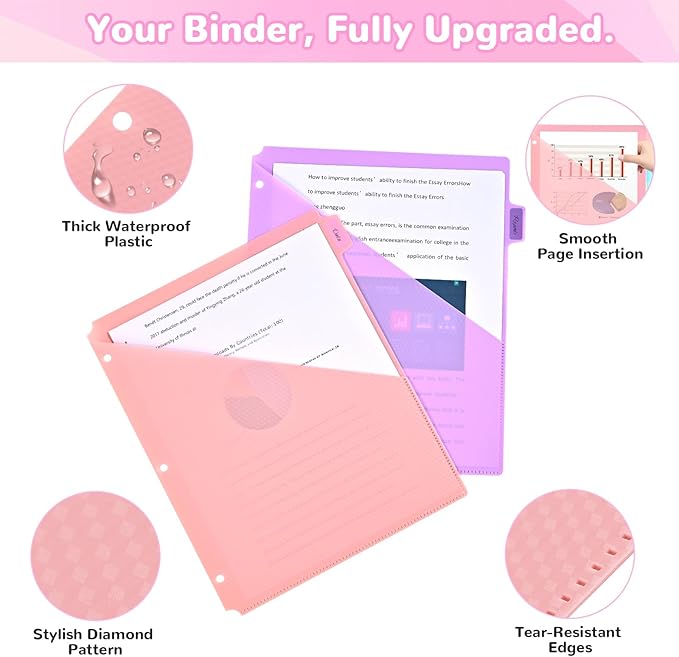 SUIN 8 Tab Binder Dividers with Pockets - Heavy Duty Plastic Dividers for 3 Ring Binder, Letter Size Poly Page Separators with Tabs & Label Stickers, Diamond Texture, 8 Pastel Colors, 2-Pack