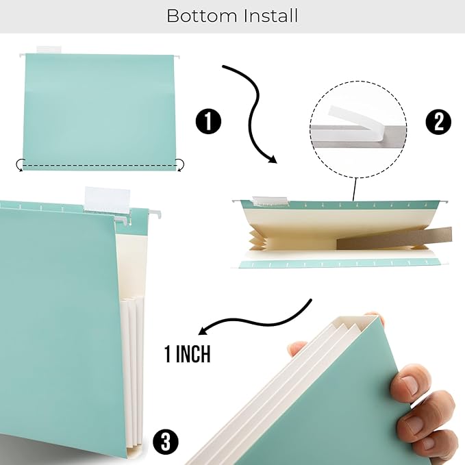 Y YOMA Letter Size - 6 Pack Extra Capacity Hanging File Folders Accordion Decorative Reinforced File Folder Cute Colored Expandable Folder for Office Home with 1/5-Cut Adjustable Tabs, Teal Blue