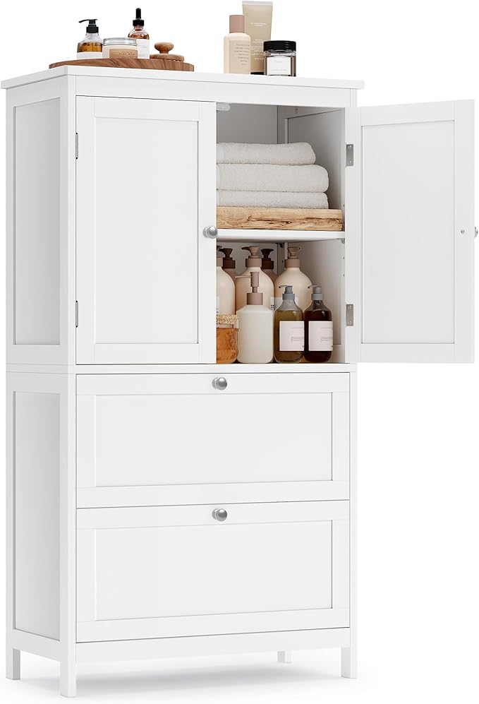 VASAGLE Floor Storage Cabinet, Freestanding Storage Unit with 2 Drawers and 2 Doors, Adjustable Shelf, 11.8 x 23.6 x 43.3 Inches, for Entryway, Bathroom, White UBBC551P31