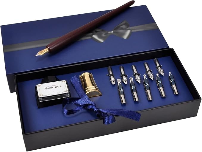 Plotube Wooden Pen Calligraphy Set - Dip Pen Gift Writing Case - Black Ink Bottle & Golden Holder & 11 Nibs and Beginner's Manual