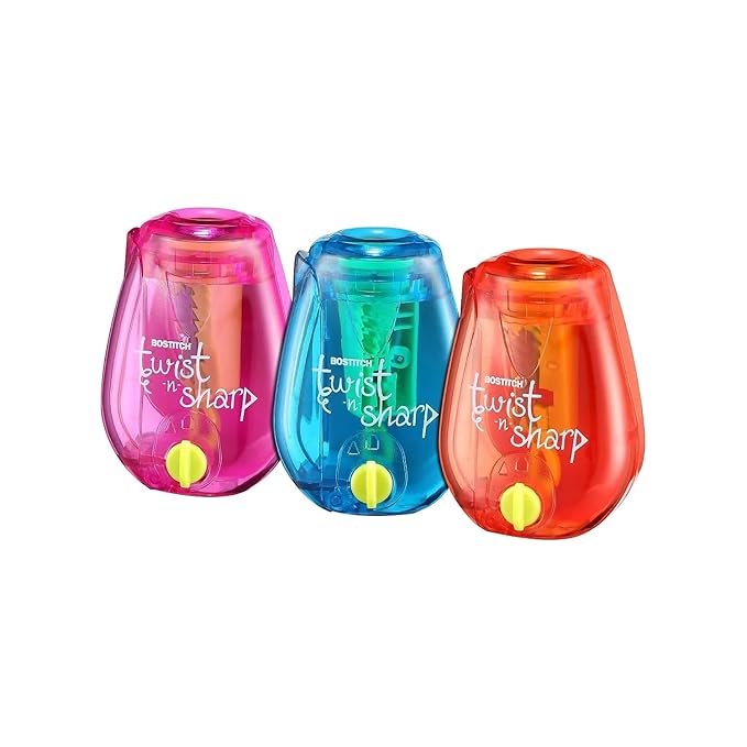 Bostitch Office Pencil Sharpener, Twist-N-Sharp, Easy Open Tray, Perfect for Kids, Works with Colored Pencils & Makeup Pencils, 3-Pack
