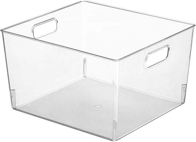 mDesign Plastic Stackable Bin Storage Organizer Basket Container with Handle for Home Office, Kitchen Cabinet, Pantry Shelf Organization - Holds Notebook, Books, Food - Ligne Collection, 4 Pack, Clear