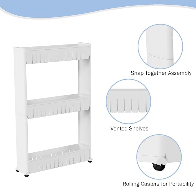 Lavish Home 3 Tier Shelf Rolling Cart - Narrow-Space Kitchen or Bathroom Shelf Organizer Cart - Slim Slide-Out Storage Shelves for Kitchen, Bathroom, Laundry and Pantry
