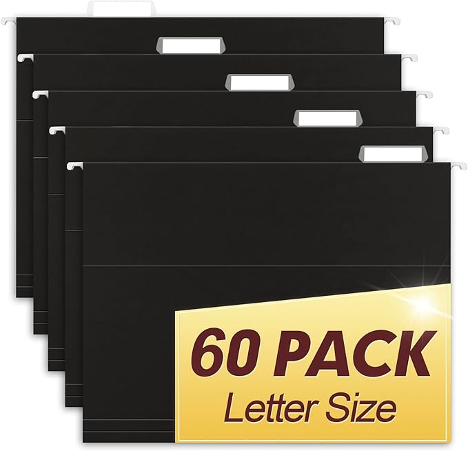 HERKKA Hanging File Folders, 60 Pack Reinforced Letter Size Hanging Folders, Designed for Bulky Files, Filing Cabinet, 1/5-Cut Adjustable Tabs (Black)