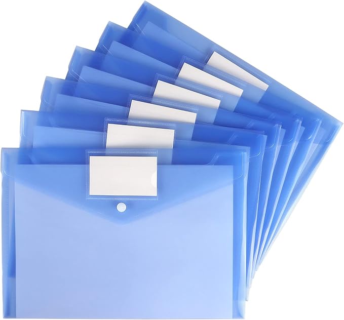 6 Pack Clear Document Folders Plastic Envelopes Poly Envelopes File Envelopes with Label Pocket and Snap Button for Home Work Office Organization, Letter Size/A4 Size (Blue)