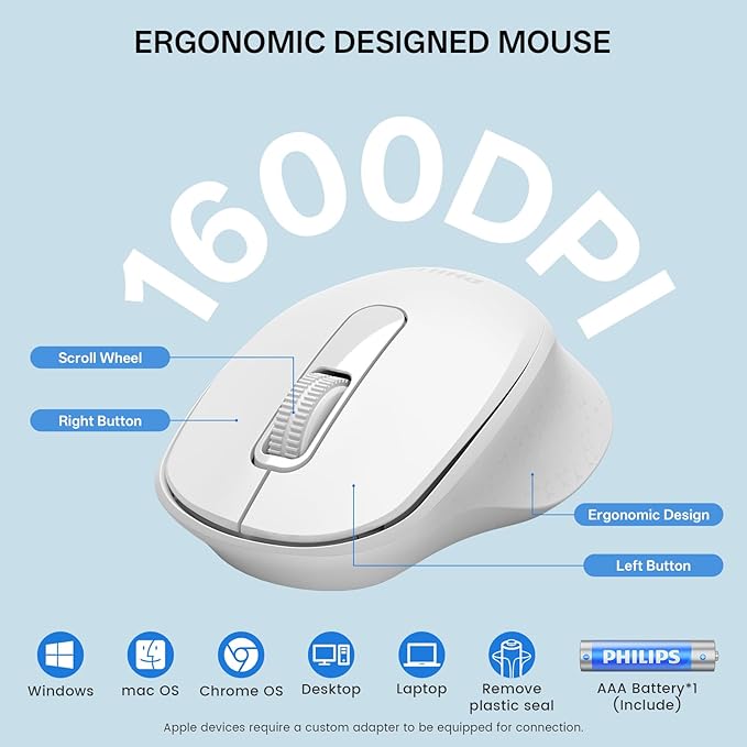 PHILIPS Wireless Keyboard and Mouse Combo-Ergonomic Keyboard and Mouse Wireless Combo with Silent Design,Plug n' Play,Sleep Mode and 2.4GHz Keyboard for Mac, Windows, Laptop-White