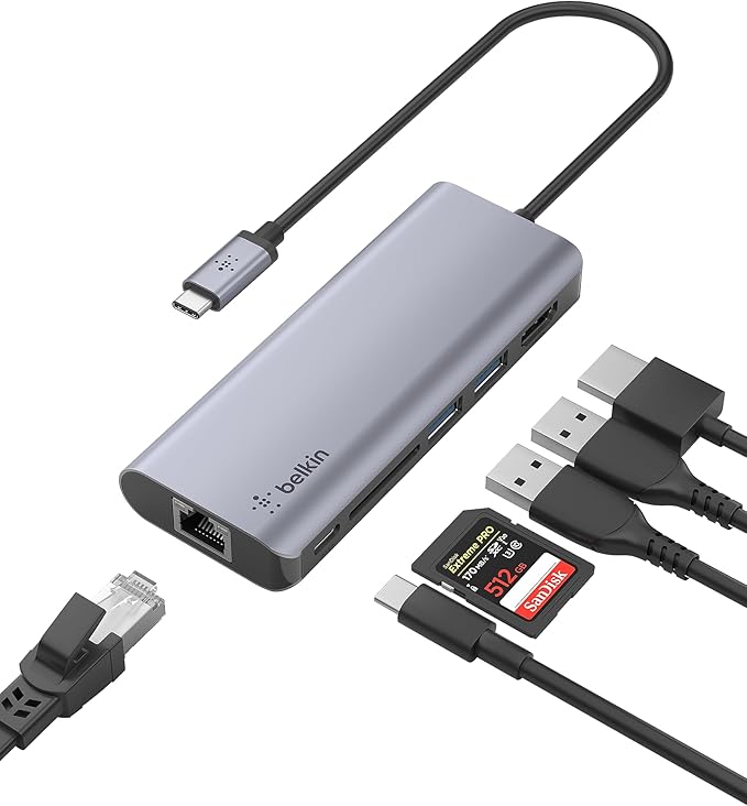 Belkin USB C Hub, 6-in-1 MultiPort Adapter Dock with 4K HDMI, USB-C 100W PD Pass-Through Charging, 2 x USB A, Gigabit Ethernet Ports and SD Slot for MacBook Pro, Air, iPad Pro, XPS and More