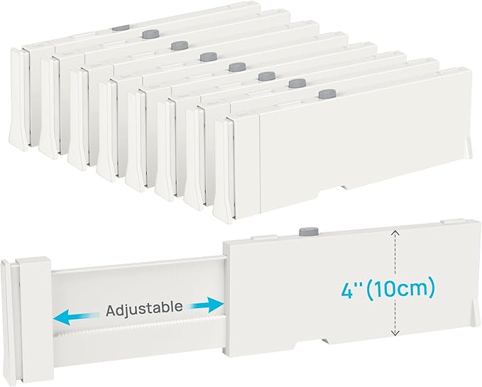 Vtopmart Drawer Dividers for Clothes 8 Pack, Adjustable 4" High Expandable from 11.3"-17" Dresser Drawer Organizer, Plastic Drawers Separators for Dresser, Baby Clothes, Kitchen and Office Storage