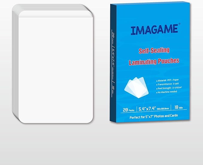 Self-Sealing Laminating Pouches, 5.4" x 7.4'', 18mil, 20 Pack, Easy-to-Use, No Machine Needed, Preserve Photos, Cards & More, Durable, Waterproof Seal, Ideal for Home, Office & School Use