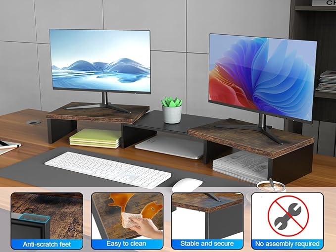 Dual Monitor Stand for Desk, Wooden Monitor Riser, Desk Shelf for Top of Desk, Computer Stand for Home and Office Use (Wood)