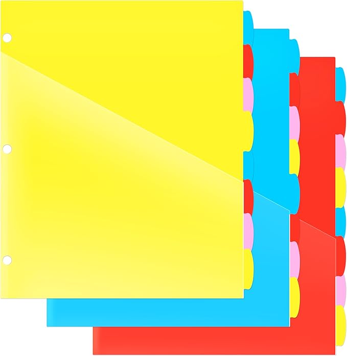 8 Tabs Plastic Dividers with 2 Clear Pockets - 6 Sets, Pocket Dividers for 3-Ring Binders, Multi-Color Binder Dividers, Total 48 Tabs