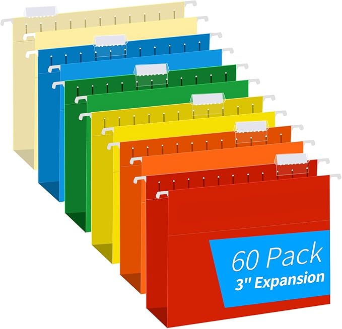 Extra Capacity Hanging File Folders, RAZCC 60 Pack Letter Size Reinforced Hanging Folders with Heavy Duty 3 Inch Expansion for Bulky Files, Filing Cabinet, Adjustable Tabs, Assorted Colors