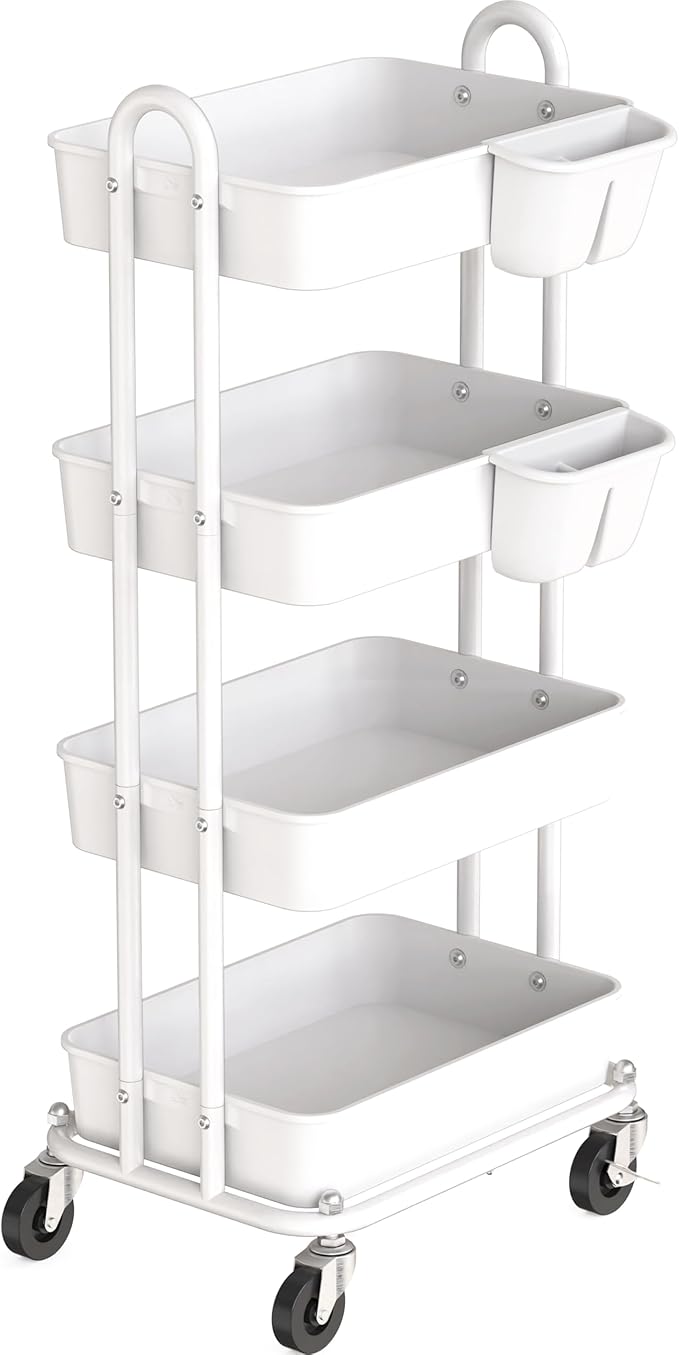 Simple Houseware 4-Tier Multifunctional Rolling Utility Cart with Hanging Buckets, White