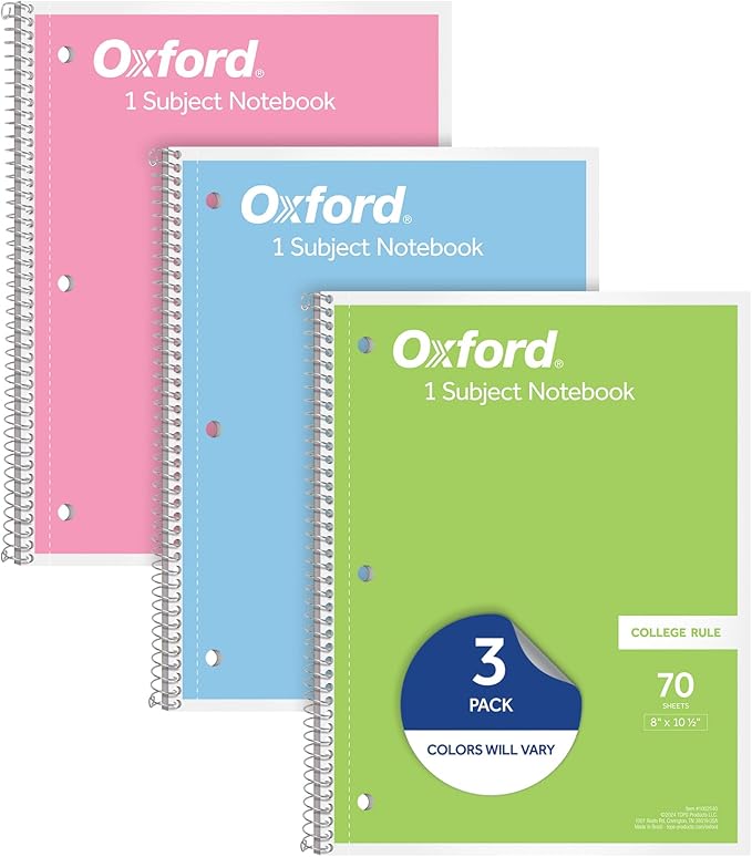 Oxford Spiral Notebooks, 3 Pack, 1 Subject, College Ruled Notebooks for School, 8 x 10.5 Inches, 70 Sheets, Assorted Pastel Colors, Back to School Supplies (1002540)
