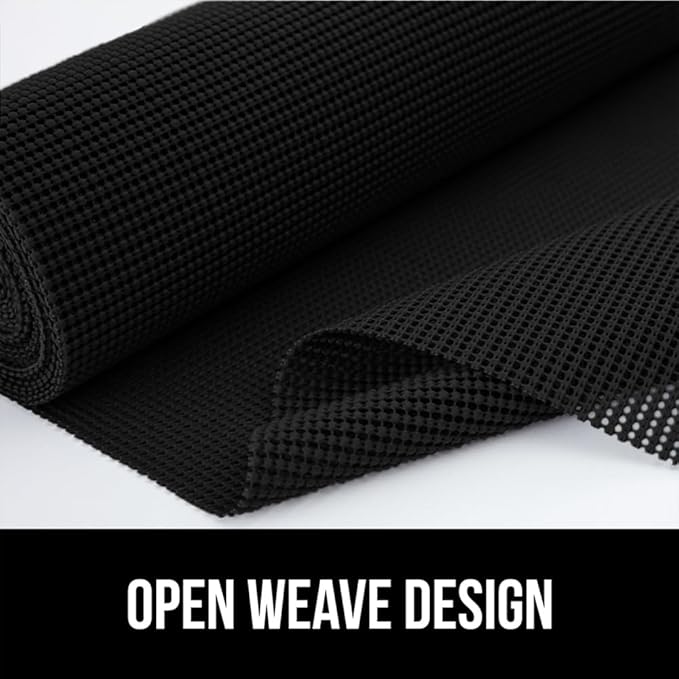 GORILLA GRIP powerGRIP Drawer Shelf and Cabinet Liner, Thick Strong Hold, Non-Adhesive Liners Protect Kitchen Cabinets and Cupboard, Bathroom Drawers, Easy Install, Breathable Mat, 12" x30', Black