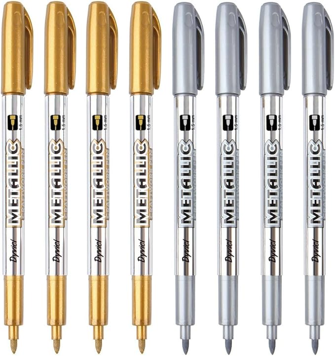 Dyvicl Metallic Markers Pens - Silver and Gold Paint Pens for Black Paper, Glass, Rock Painting, Halloween Pumpkin, Card Making, Scrapbook Album, Christmas DIY Art Craft Kid, Set of 8