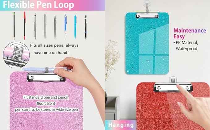 Sparkly Clipboard with Pen Holder Clear Plastic Glitter Clip Board Hanging Shiny Clipboards with Low Profile Metal Clip Letter A4 Size for Taecher Women Office School (Clear Green)