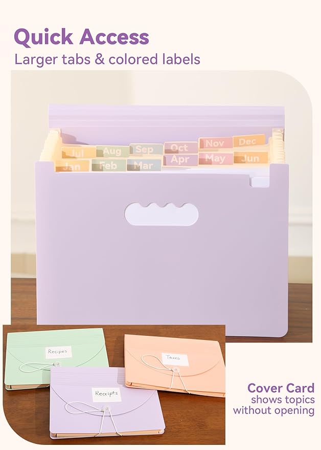 Accordion File Organizer 12 Pockets, Monthly Bill Receipt Tax Organizer, Expanding File Folders with Larger Bright Tabs, Fits Letter/A4 Size - Black - Purple