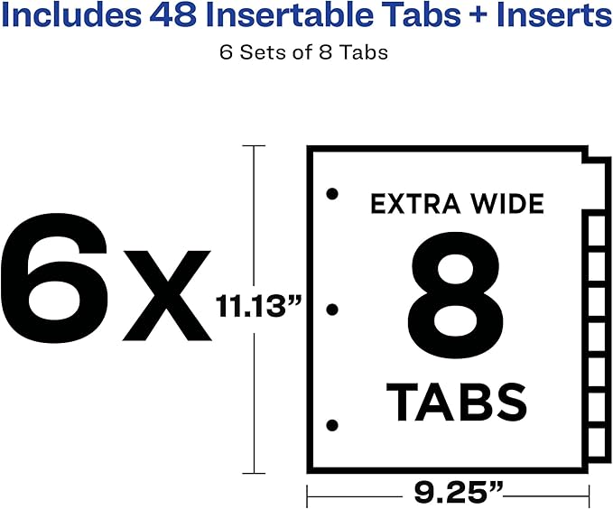 Avery Big Tab Extra-Wide Insertable Clear Tab Dividers for 3 Ring Binders, 8-Tab Set, White, 6 Sets (11254)