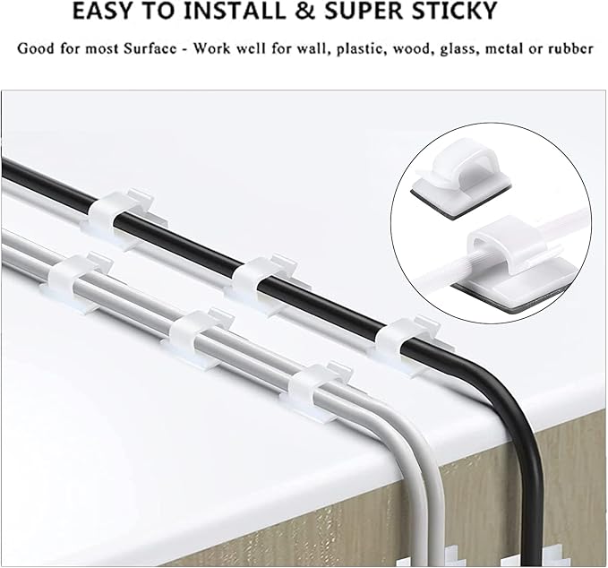 White Cable Management Organizer Kit, 2 Wire Sleeve Protector, 41 Self Adhesive Cable Clips Holder, 10pcs+2 Roll Reusable Cable Ties and 100 Cable Zip Ties for TV Computer Cord Tidy Under Desk