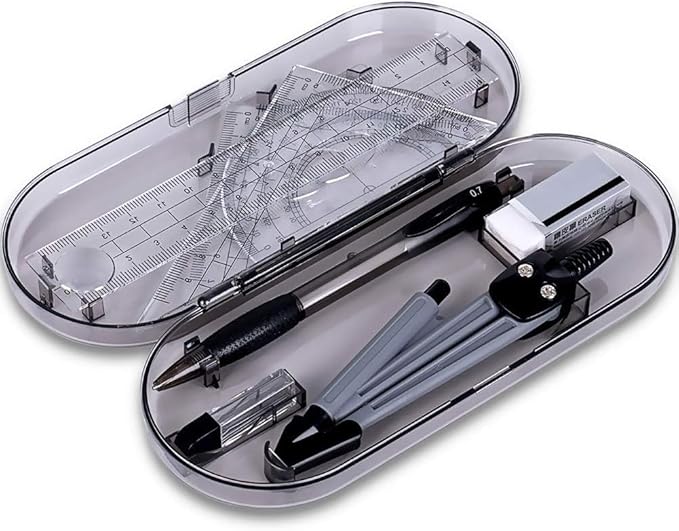 Math Geometry Kit Set 8 Pieces Student Supplies with Shatterproof Storage Box,Includes Rulers,Protractor,Compass,Pencil Lead Refills,Pencil,Eraser.for Students and Engineering Drawings