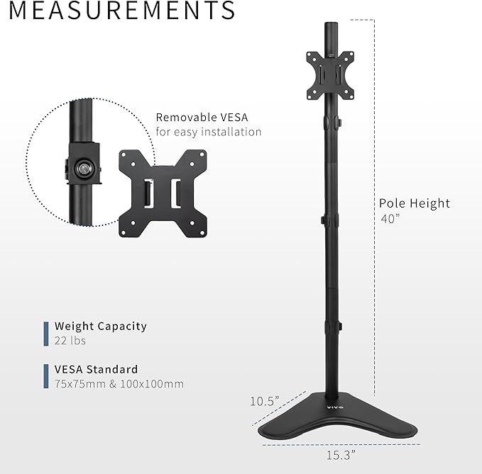 VIVO Extra Tall Single LCD Computer Monitor Free-Standing Adjustable Desk Stand for 1 Screen up to 27 inch, STAND-V011H