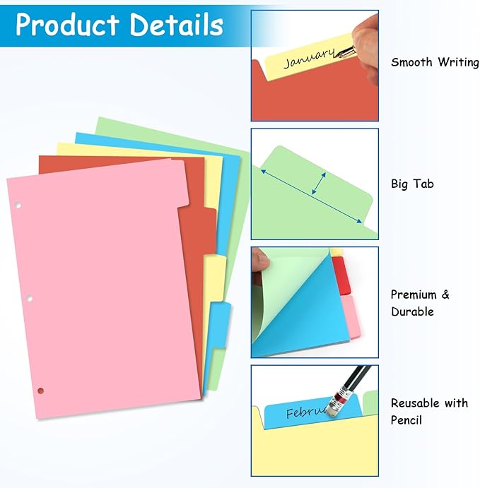 Binder Dividers for 3 Ring Binder, 1/5 Cut Tabs, Letter Size, Blank Write On Page Dividers with 5 Big Tabs for School Office Home, 4 Sets, 20 Dividers, Colorful
