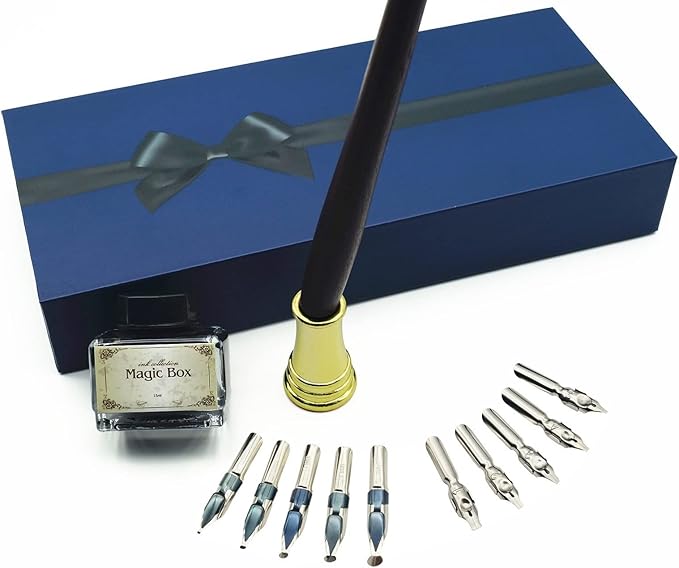 Plotube Wooden Pen Calligraphy Set - Dip Pen Gift Writing Case - Black Ink Bottle & Golden Holder & 11 Nibs and Beginner's Manual