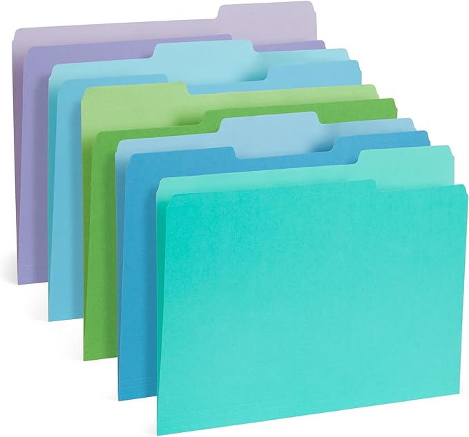 100 Blue Summit Supplies Colored File Folders - Ocean Tone Colors, 1/3 Cut Tabs, Letter Size, 11pt Durable Paper, Decorative Colored File Folders for Files, 100 Pack