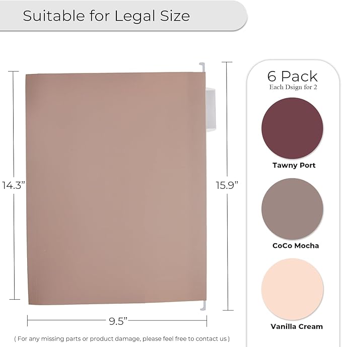 Y YOMA Legal Size - 6 Pack Extra Capacity Hanging File Folders Accordion Decorative Reinforced File Folder Cute Colored Expandable Folder for Office Home with 1/5-Cut Adjustable Tabs, Mocha Color