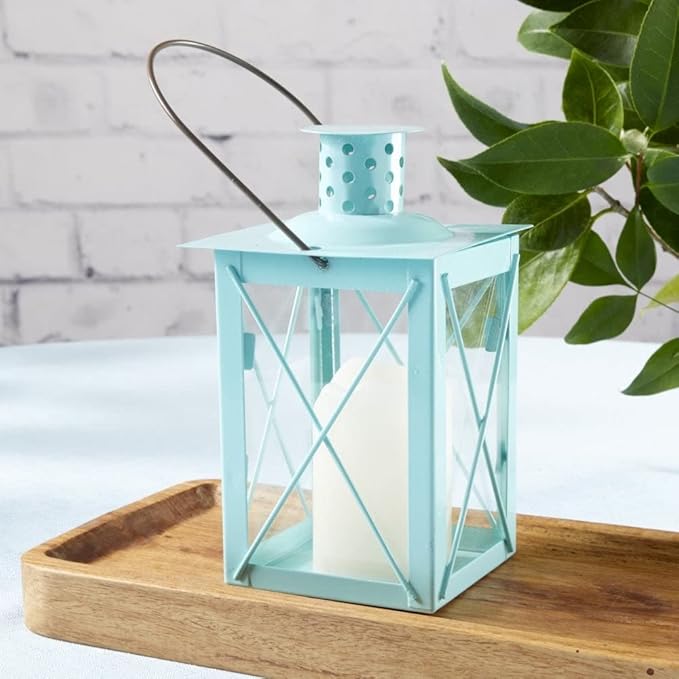 Kate Aspen Medium Decorative Lanterns - Set of 12 - Luminous Blue Metal Lantern Tealight Candle Holders Centerpieces for Wedding, Home Decor and Party - 6.3" H (8.9" H with Handle)