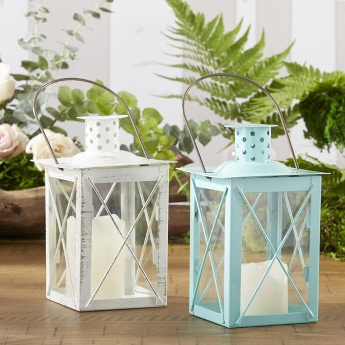 Kate Aspen Medium Decorative Lanterns - Set of 12 - Luminous Blue Metal Lantern Tealight Candle Holders Centerpieces for Wedding, Home Decor and Party - 6.3" H (8.9" H with Handle)