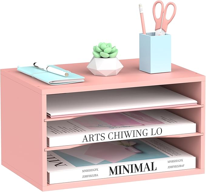 SUPEASY Wood Desk Organizer, 3 Tier Paper File Organizer for Desk, Wooden Desktop Organizer, Paper Letter Literature Mail Sorter, for Office School & Home Organization, Pink