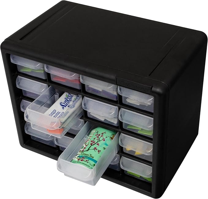 Akro-Mils 16-Drawer Plastic Storage Cabinet | 10-1/2 x 6-1/2 x 8-1/2 Inch | Black | Model 10116 | Garage Organization