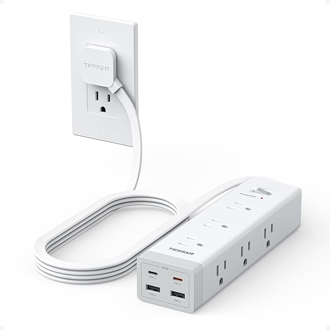 TESSAN Surge Protector Power Strip PD 20W, Ultra Thin Flat Plug 6 FT Extension Cord, 9 Outlets 4 USB(2 USB C), 1050J Protection Multiple Outlets Charging Station for Home, Office, College Dorm Room