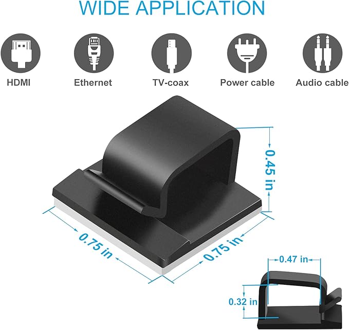 100 PCS Adhesive Cable Clips (Large, White&Black), Upgraded Wall Wire Holder Cord Organizer for Cable Management Under Desk, Light Clips Hooks for LED, HDMI, Eetension Cord, Powder Cable