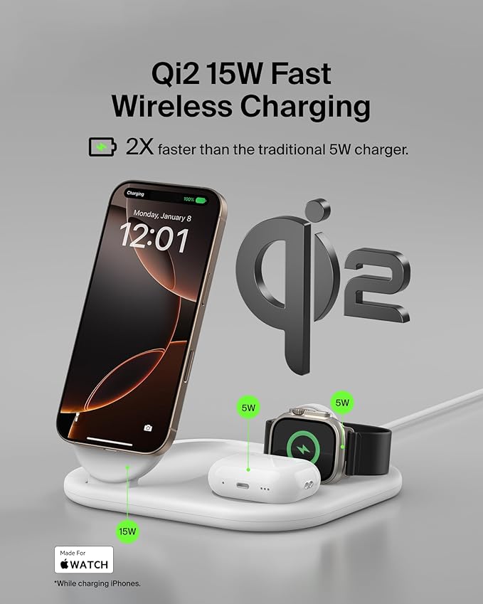 Belkin 3-in-1 MagSafe-Compatible iPhone Charger - Foldable Magnetic Qi2 Certified, MagSafe Charging Station for Phone, Apple Watch, AirPods - Wireless for Multiple Devices