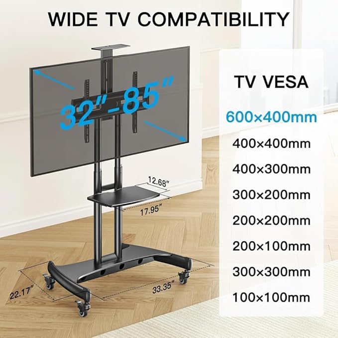 PERLESMITH Rolling TV Stand with Wheels for 32-85 Inch LCD LED 4K Flat Screen TVs, Tilt Mobile TV Cart with Shelf Holds Up to 100 lbs, Height Adjustable Floor TV Stand Max VESA 600x400mm- PSTVMC05