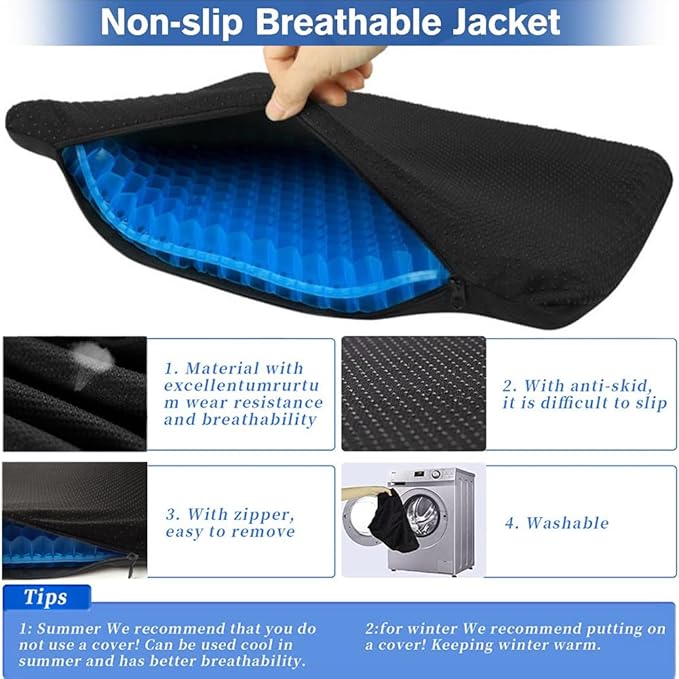 Gel Seat Cushion, Large Cooling Gel Cushion Breathable Honeycomb Chair Pads Gel Cushion with Non-Slip Cover for Home Office Chair Car Seat Wheelchair Absorbs Body Pressure Points, As Seen on TV