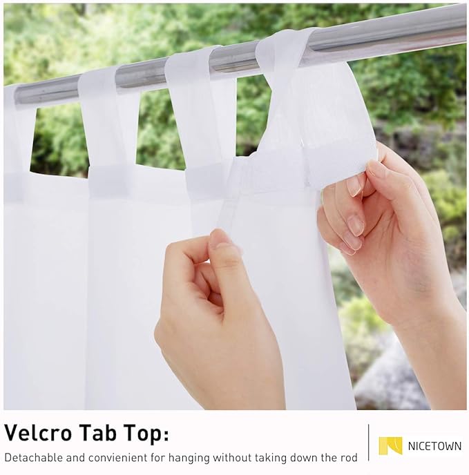 NICETOWN 2 Panels Outdoor Sheer Curtains for Pergola Waterproof, Lightweight Detachable Sticky Tab Top Voile Panels Elgant with Light Filtering for Gazebo/Patio, W100 x L96, White