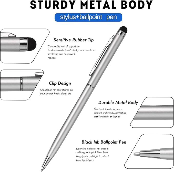 15 Pack Stylus Pens for Touch Screens Stylus Pen Compatible with Phone Tablets Kindle and Black Ink Ballpoint Pens-2 in 1 Stylists pens for Touch Screens (Silver)