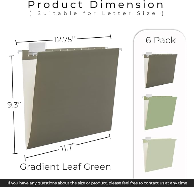 Y YOMA 6 Pack Gradient Hanging File Folders Letter Size Decorative Hanging Folder Pretty File Folder Organizer for Filing Cabinet Office Home with 1/5-Cut Adjustable Tabs, Leaf Green