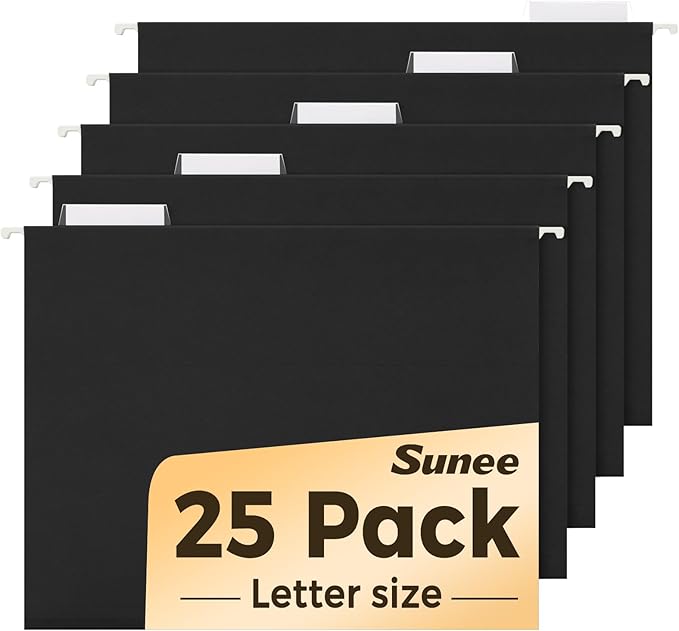 SUNEE 25 Pack Hanging File Folders, Black Folders, Hanging File Folders Letter Size with 1/5-cut Tabs, Stay Organized for Your Home and Office Bulk File and Documents