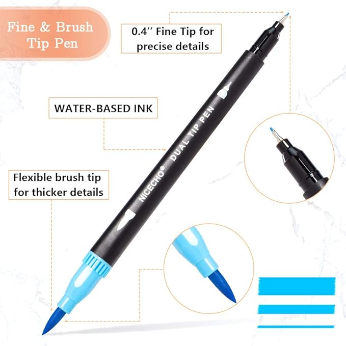 Nicecho Art Markers Dual Brush Pens for Coloring, 60 Artist Colored Marker Set, Fine and Brush Tip Pen Art Supplier for Adult Coloring Books, Bullet Journaling, Drawing