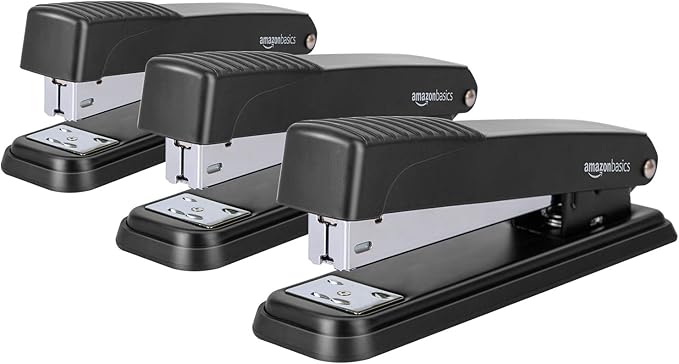 Amazon Basics Full-Strip Metal Office Desktop Stapler, 20 Sheet Capacity, Non-Slip, Black, 3-Pack