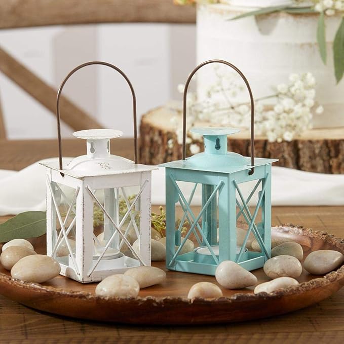 Kate Aspen Decorative Lanterns - Set of 6 - Luminous Metal Lantern Tealight Candle Holders for Wedding, Home Decor and Party - 4.5" H (6.5" H with Handle) – Blue
